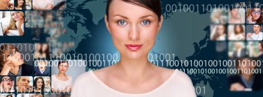 A young pretty woman against world map on background with many d clipart