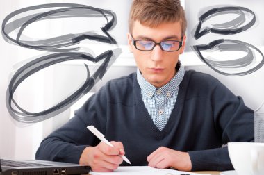 High school - Young male student write notes in classroom. Desig clipart