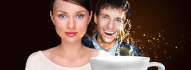 Closeup portrait of adult couple standing together. Big white cu clipart