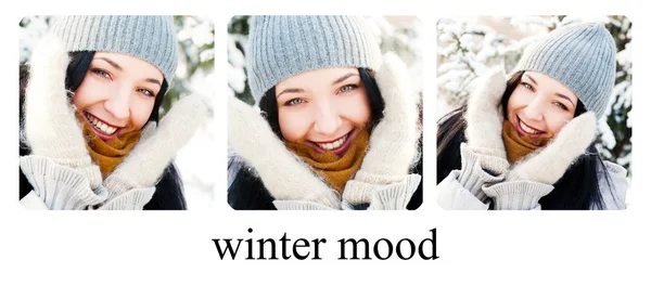 Three Portraits of young beautiful girl outdoors in winter havin — Stock Photo, Image