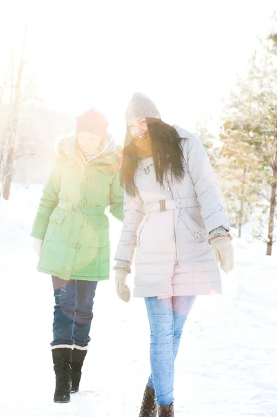 Two winter women walking and chatting together in winter park. B — Stock Photo, Image