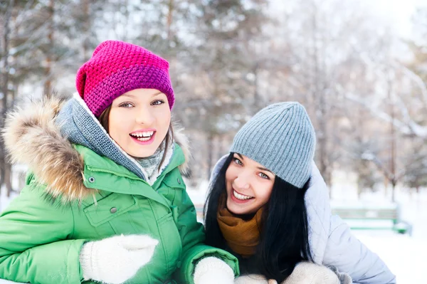 Dwie młode dziewczyny szczęśliwy zabawa w winter park — Zdjęcie stockowe