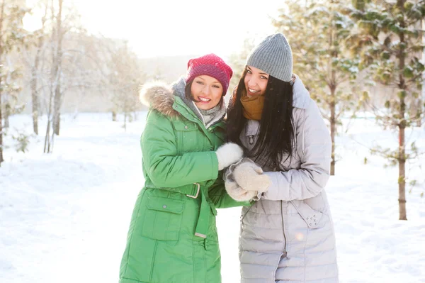 Dos mujeres de invierno caminando y charlando juntas en el parque de invierno. B) — Foto de Stock