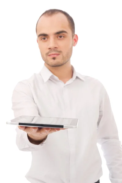 Hezký příležitostný mladý muž, držící touch pad tablet pc na isola — Stock fotografie