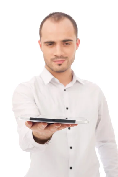 Przystojny uśmiechnięty mężczyzna z komputera typu tablet. na białym tle nad b biały — Zdjęcie stockowe