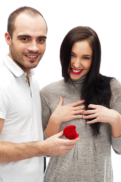Portrait of handsome young man proposing marriage to a beautiful — Stock Photo, Image