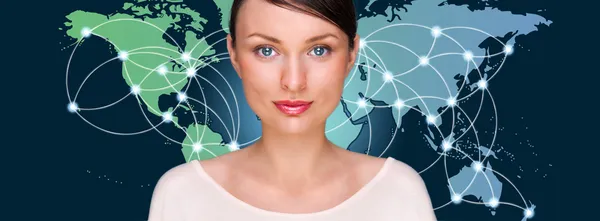 Aantrekkelijke brunette jonge vrouw in een futuristische interface reputatie — Stockfoto