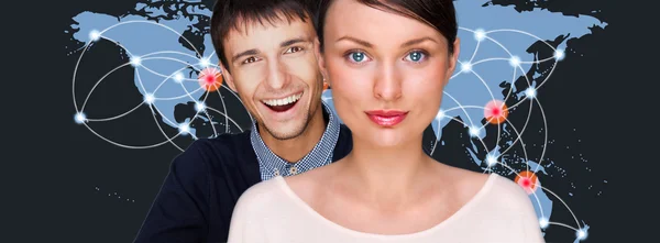 stock image Handsome friendly couple in futuristic interface standing in fro