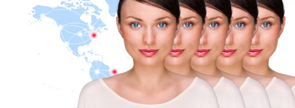 Viele identische Geschäftsfrauen-Klone vor digitalem Transpar — Stockfoto