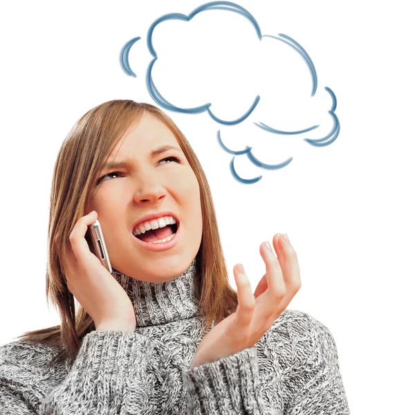 Closeup portrait of young woman talking using her mobile phone a — Stock Photo, Image