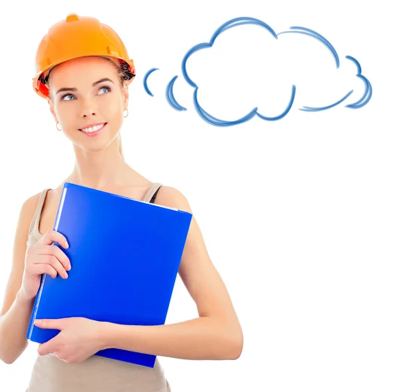 Portrait of a beautiful woman with orange helmet holding blue fo — Stock Photo, Image