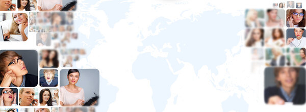 Графический дизайн фона. Карта мира и фото разных горожан
