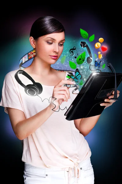 Poster portrait of young beautiful woman holding her universal d — Stock Photo, Image