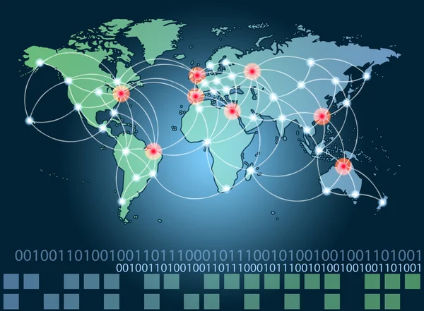 Mapa del mundo con puntos calientes de conexiones de red y servidores loc —  Fotos de Stock