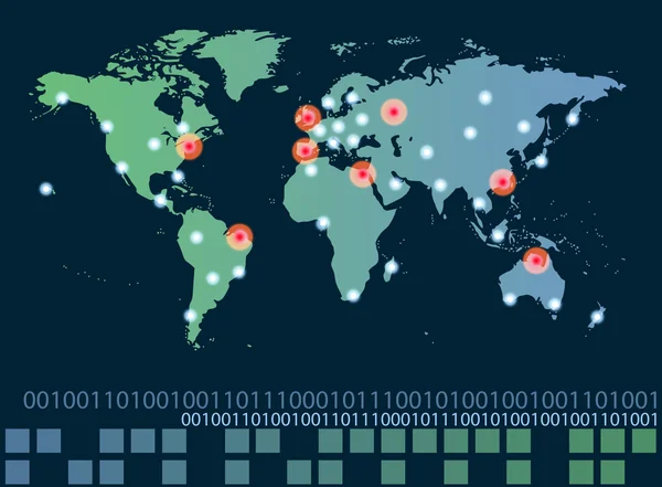 Mapa świata z gorących punktów połączeń sieciowych i serwerów loc — Zdjęcie stockowe