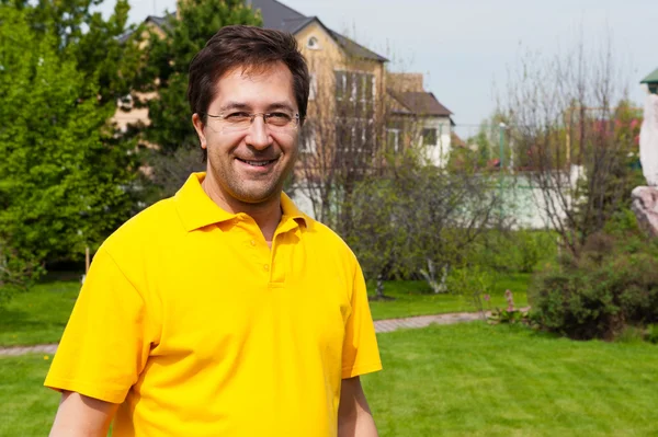 stock image Portrait of adult active healthy man standing relaxed at his bac