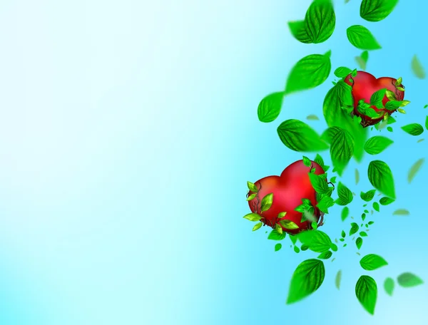 Два красивых ярких сердца красного цвета с зелеными листьями плавают — стоковое фото