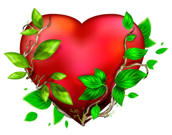 Beautiful bright heart of red color with green leaves floating a — Stock Photo, Image
