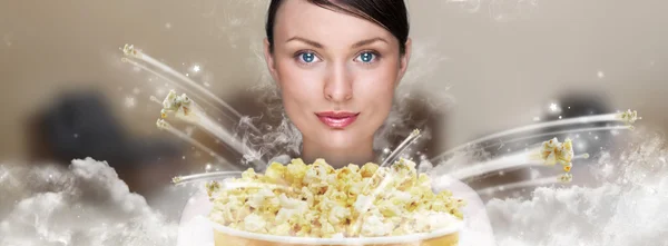 Portrait of young stylish modern woman watching movie at home an — Stock Photo, Image