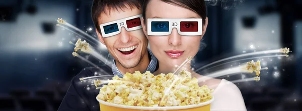 Portrait of young stylish modern couple wearing 3d glasses watch — Stock Photo, Image