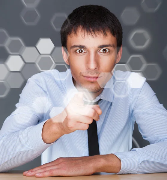Business Man pressing digital button, futuristic technology — Stock Photo, Image