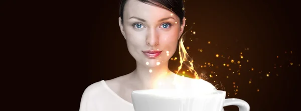 Beauté fille avec tasse de café. Affiche publicitaire ou wallpape — Photo