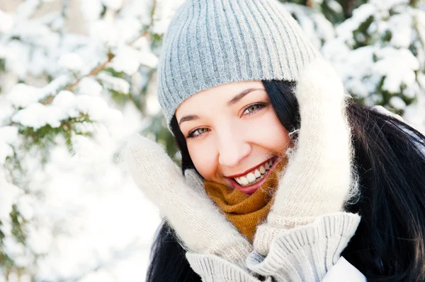 Portrait of young beautiful girl outdoors in winter having fun a Stock Image