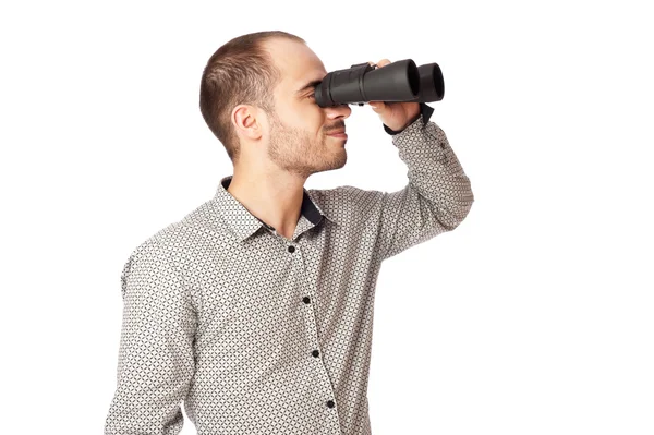 Hombre de negocios con prismáticos mirando hacia el futuro o mirando hacia —  Fotos de Stock
