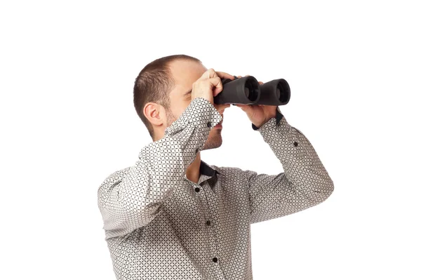 Homem de negócios com binóculos olhando para o futuro ou olhando para o — Fotografia de Stock
