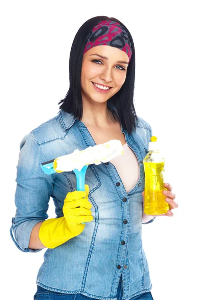 Portrait of housewife cleaner. Isolated over white background. H — Stock Photo, Image