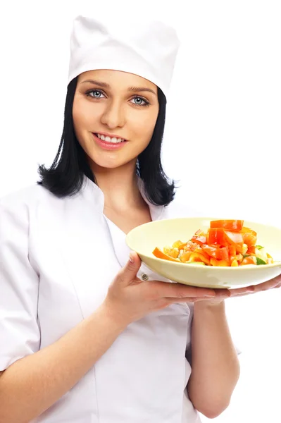 Cozinheiro profissional com prato de salada, isolado em backgro branco — Fotografia de Stock