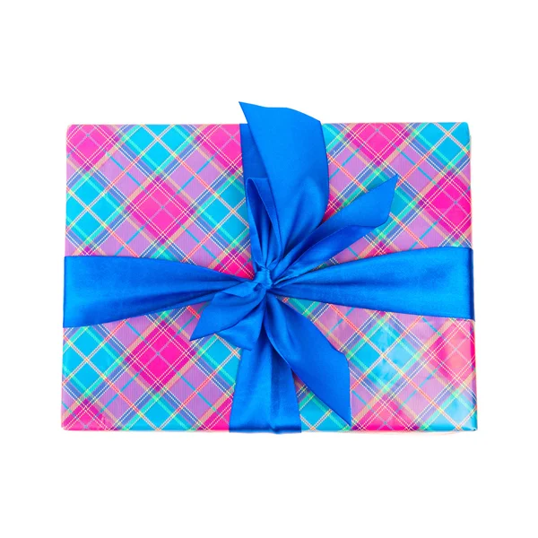 Big blue holiday bow on gift box isolated white background — Stock Photo, Image