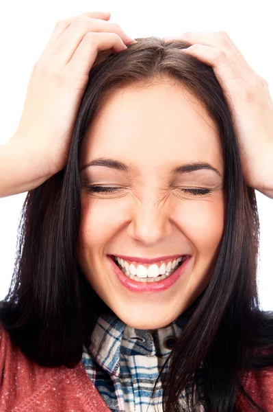 Closeup of a comically frustrated caucasian woman isolated on white backgro — Stock Photo, Image