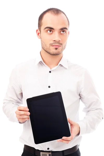 Hombre mostrando la pantalla del ordenador tableta y pensando en algo aislado en —  Fotos de Stock