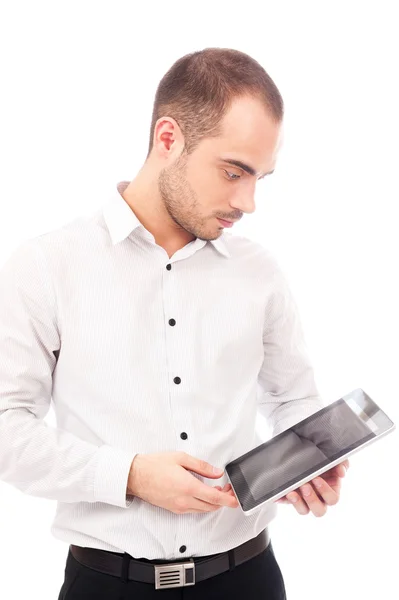 Tablet bilgisayar ile gülümseyen yakışıklı adam. Beyaz arka plan üzerinde izole — Stok fotoğraf