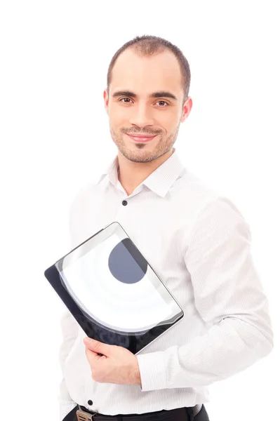 Man showing tablet computer screen smiling isolated on white background — Stock Photo, Image