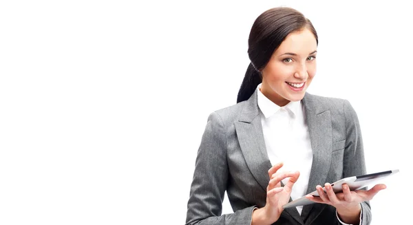 Mujer de negocios sosteniendo tableta aislada sobre fondo blanco. trabajo en — Foto de Stock