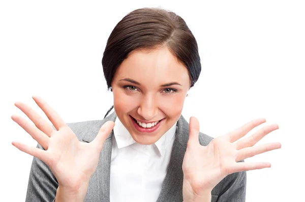 Portrait of an excited young business woman celebrating success against whi — Stock Photo, Image