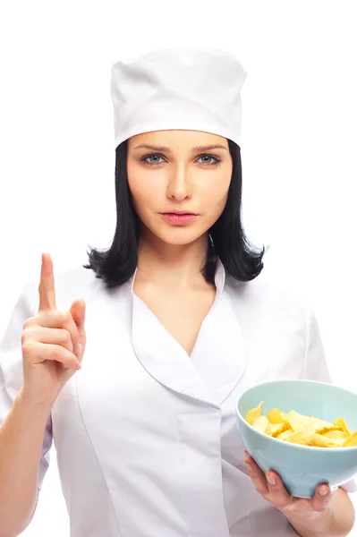 Jovem médica mulher apresentando e mostrando flocos de milho como um saudável f — Fotografia de Stock