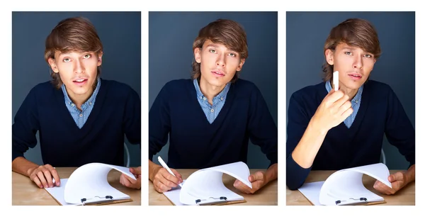 Коллаж молодых работодателей, подписывающих документы в течение рабочего дня — стоковое фото