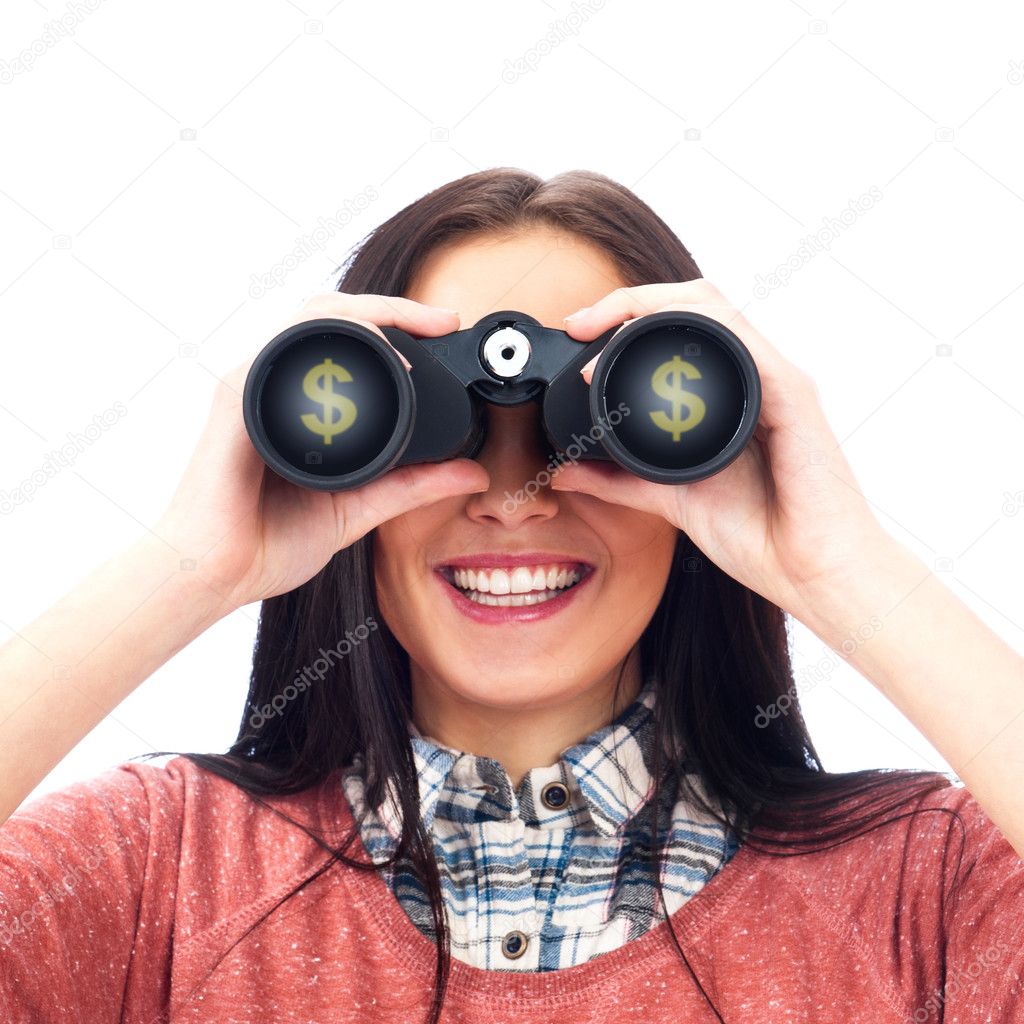 Woman looking through binoculars isolated on white