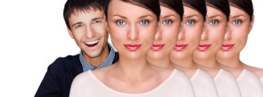 Portrait of one happy handsome young man and a lot of similar women with him. Can not choose concept. Or perfect wife concept clipart