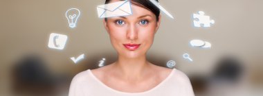 A business woman with icons of her affairs floating around her head. Portrait of pretty girl working with her virtual pc looking at camera and smiling. Daily deals online. Working at home clipart