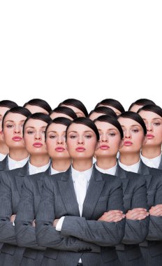 Many identical businesswomen clones. Businesswoman production concept. Army of workers ready for your business clipart