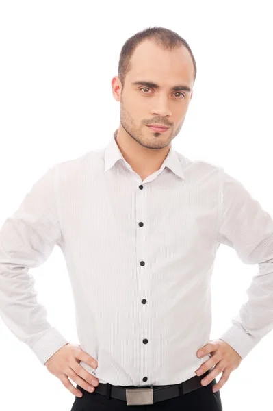 Inteligente homem maduro com as mãos na cintura isolado no fundo branco — Fotografia de Stock