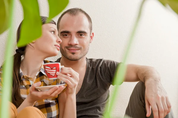 Atraente jovem casal adulto sentado perto do chão de madeira em casa sorrindo, bebendo bebida quente e rindo. Monstera planta em primeiro plano em borrão — Fotografia de Stock
