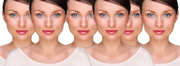 Pretty young woman standing with her clones against white background. Business cloning concept or rejuvenation with stem cells concept — Stock Photo, Image