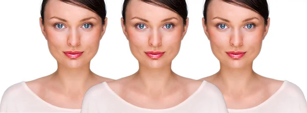 Hübsche junge Frau mit ihren Klonen vor weißem Hintergrund. Business-Klonkonzept oder Verjüngung mit Stammzellen-Konzept — Stockfoto