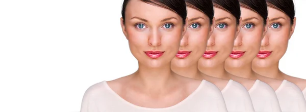 Pretty young woman standing with her clones against white background. Business cloning concept or rejuvenation with stem cells concept — Stock Photo, Image