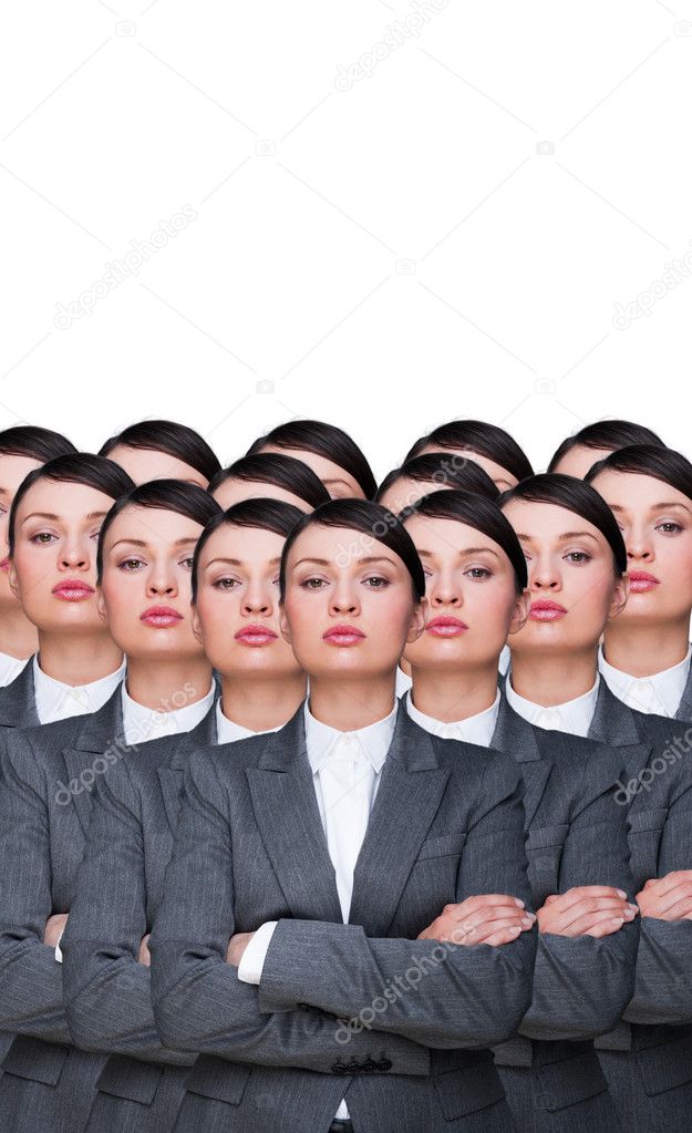 Many identical businesswomen clones. Businesswoman production concept. Army of workers ready for your business